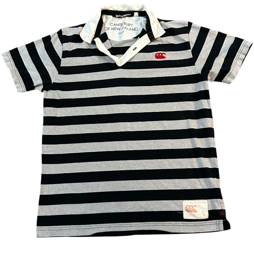 Vintage Canterbury Of New Zealand Striped Rugby Polo Shirt Mens Large Black Gray